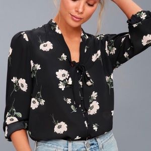 Lulu’s black floral tie neck blouse